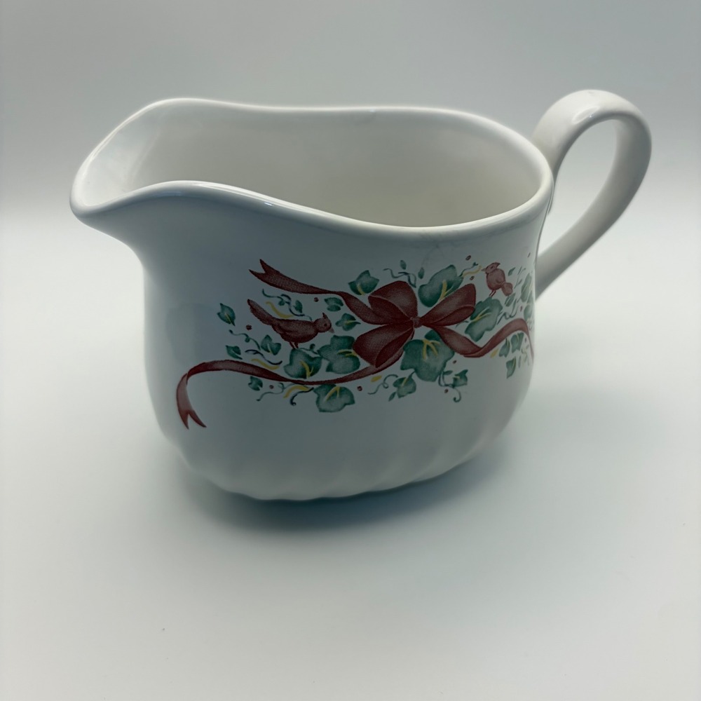 Corelle Holiday Cardinal Ribbon Ceramic Creamer Pitcher White Christmas